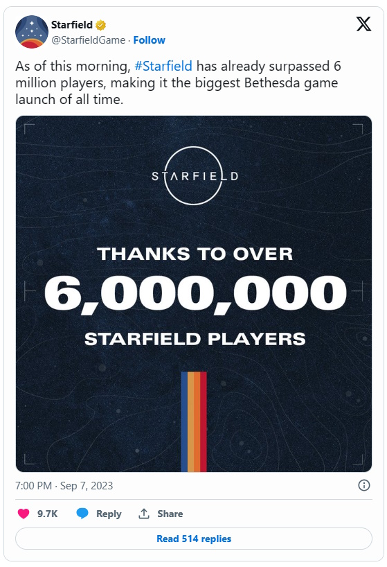 Starfield chega à marca de 1 milhão